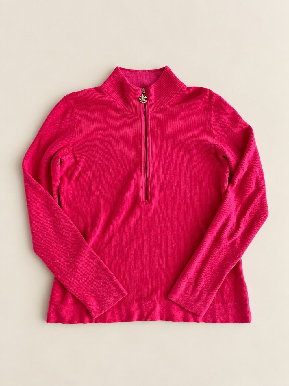 Lilly Pulitzer Pink Quarter Zip Pullover Sweater Gold Logo Size L
